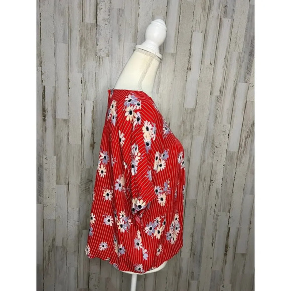 Madewell Women's Large Floral Cropped Blouse Red V-Neck Short Sleeve - Picture 2 of 5